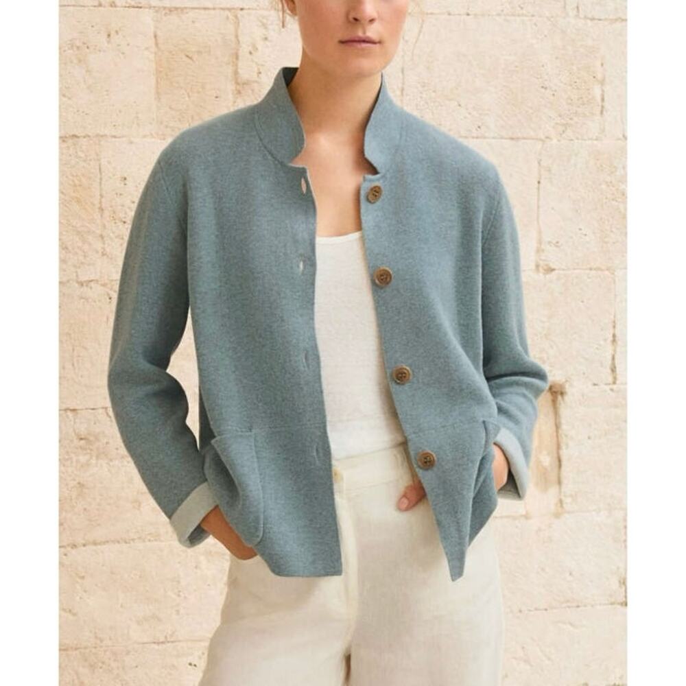 Poetry Organic Cotton Knit Jacket Women’s 6 Blue Boxy Cardigan GOTS Minimalist